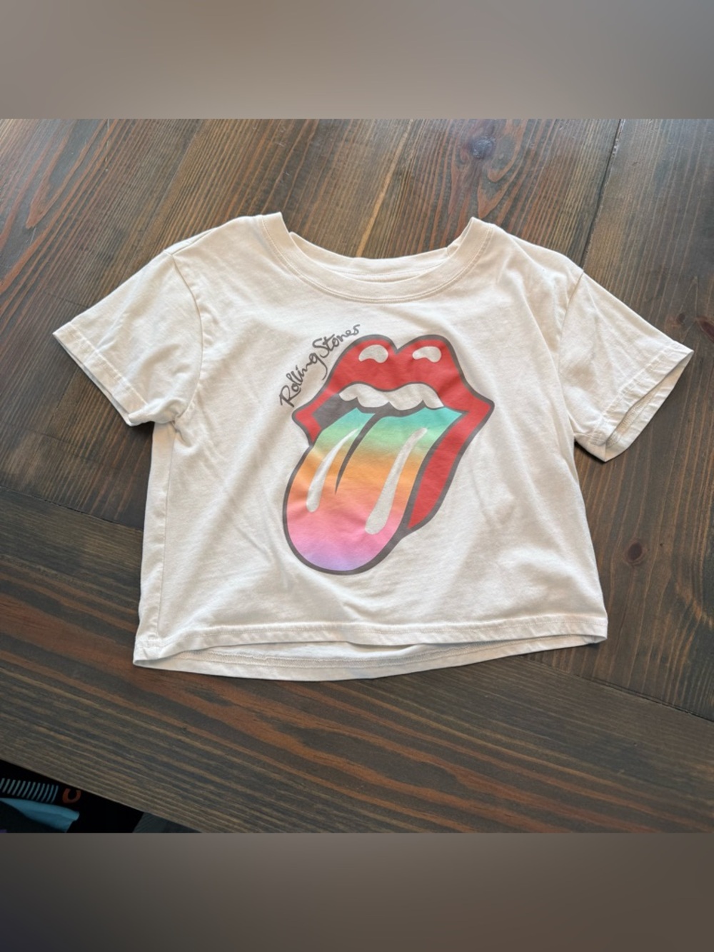 Rolling Stones Cream Crop Top with Rainbow Tongue Graphic